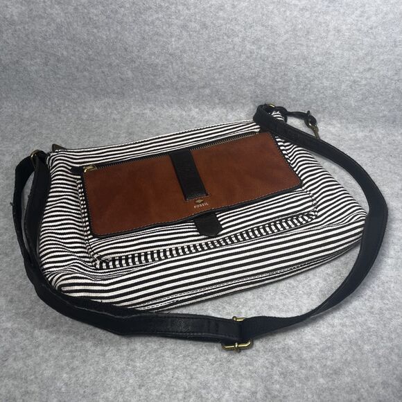 Fossil Crossbody Bag Womens Black White Stripe‎ Canvas Brown Leather Pocket Key - Picture 2 of 16